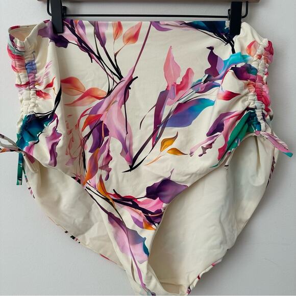 CALIA High Waisted Ruched Side Tie Swim Bottoms Multi Floral Size 1X CALLOUT - Picture 5 of 9